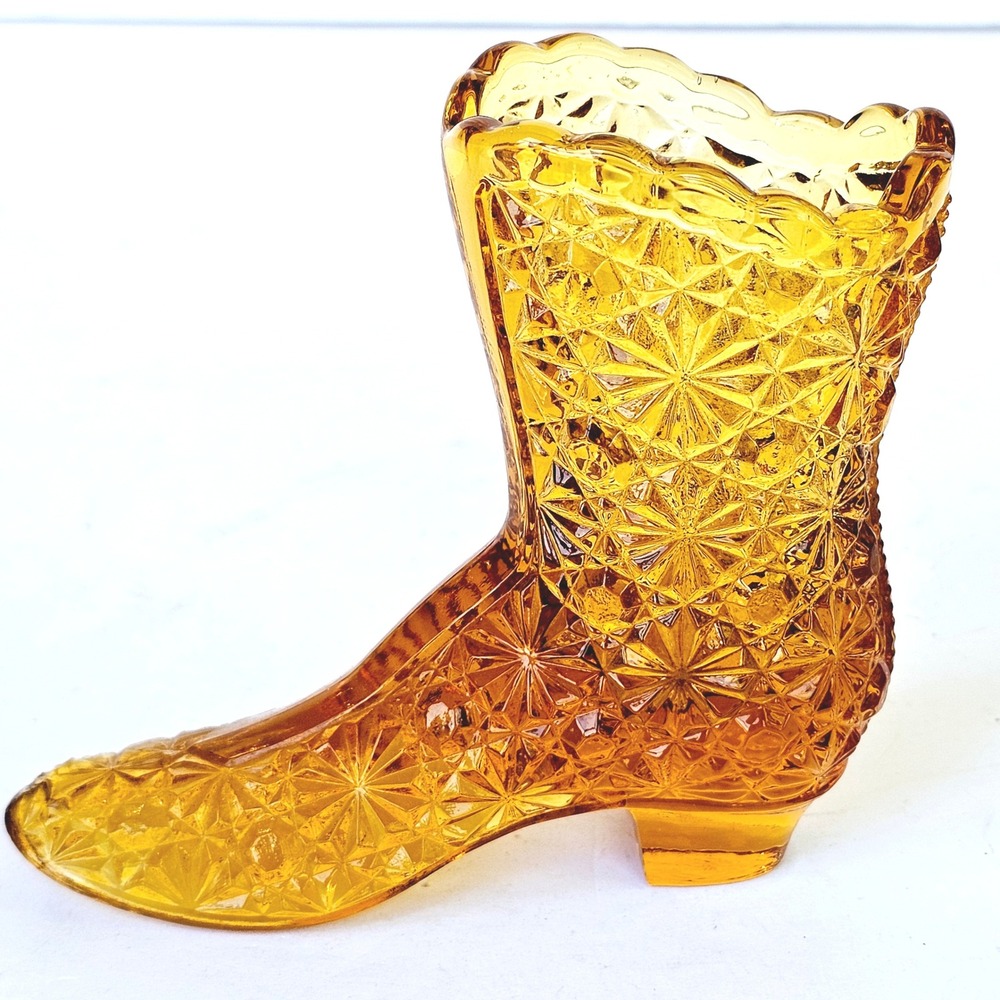 Vintage Early Fenton Amber Daisy Button Glass‎ Miniature Victorian Boot - M554.1
